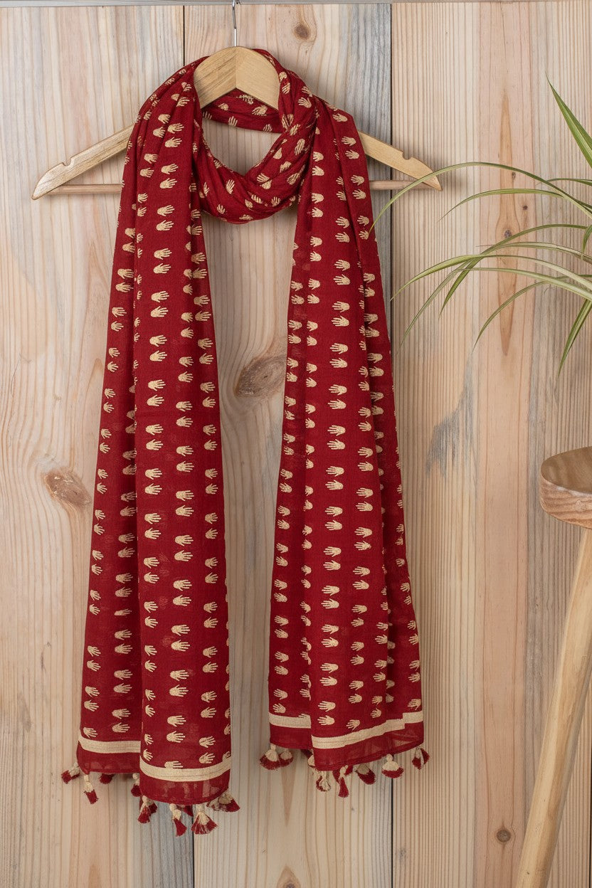 Crimson Red Handblock Print Cotton Stole