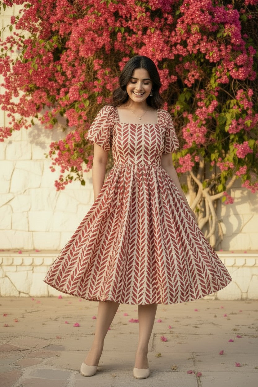 Red Leaf Block Print Puff Sleeve Midi Dress