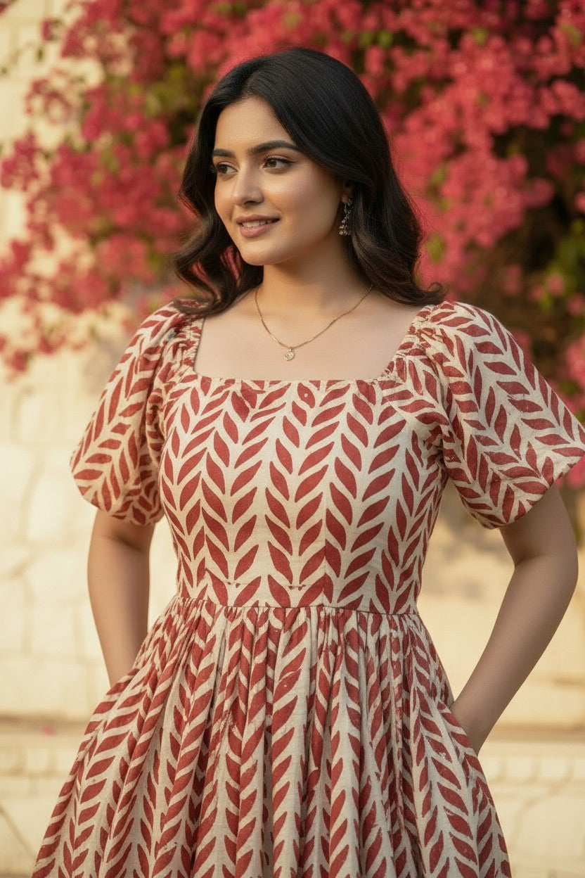 Red Leaf Block Print Puff Sleeve Midi Dress