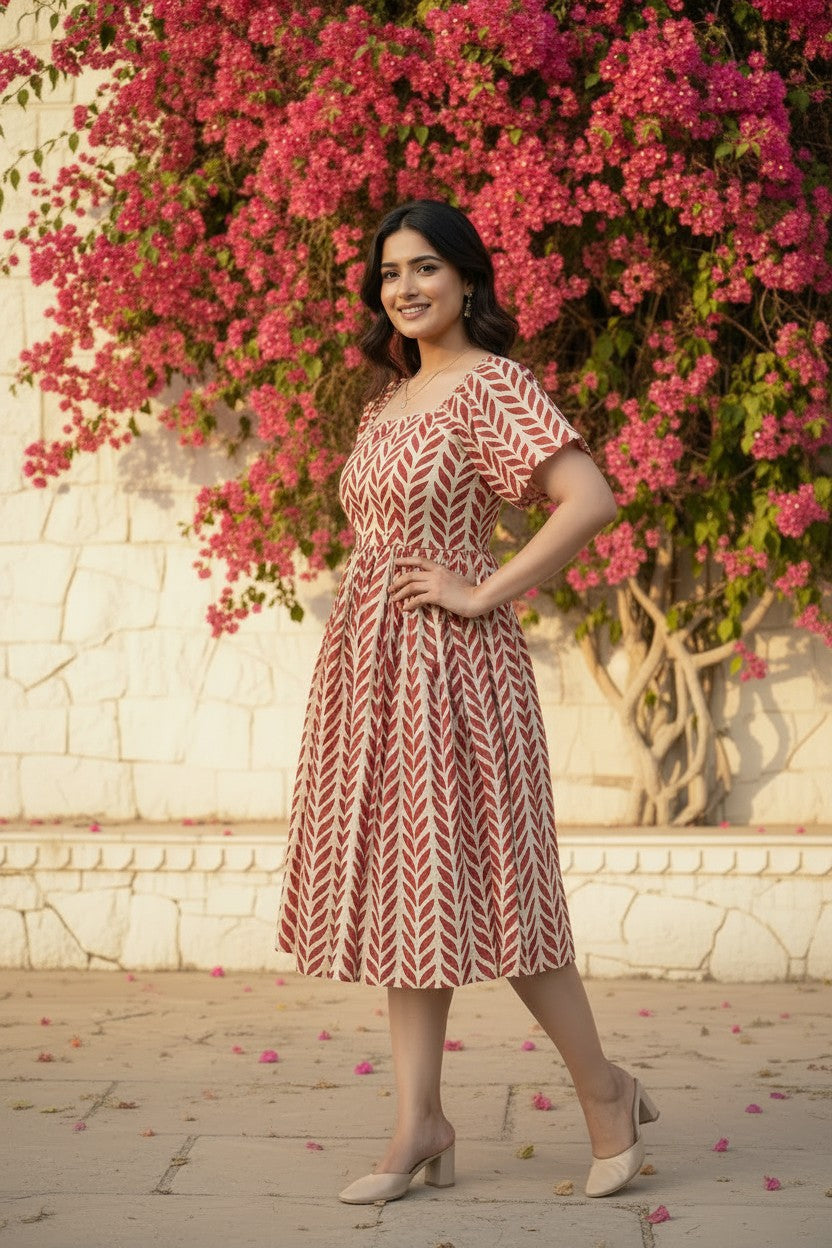 Red Leaf Block Print Puff Sleeve Midi Dress