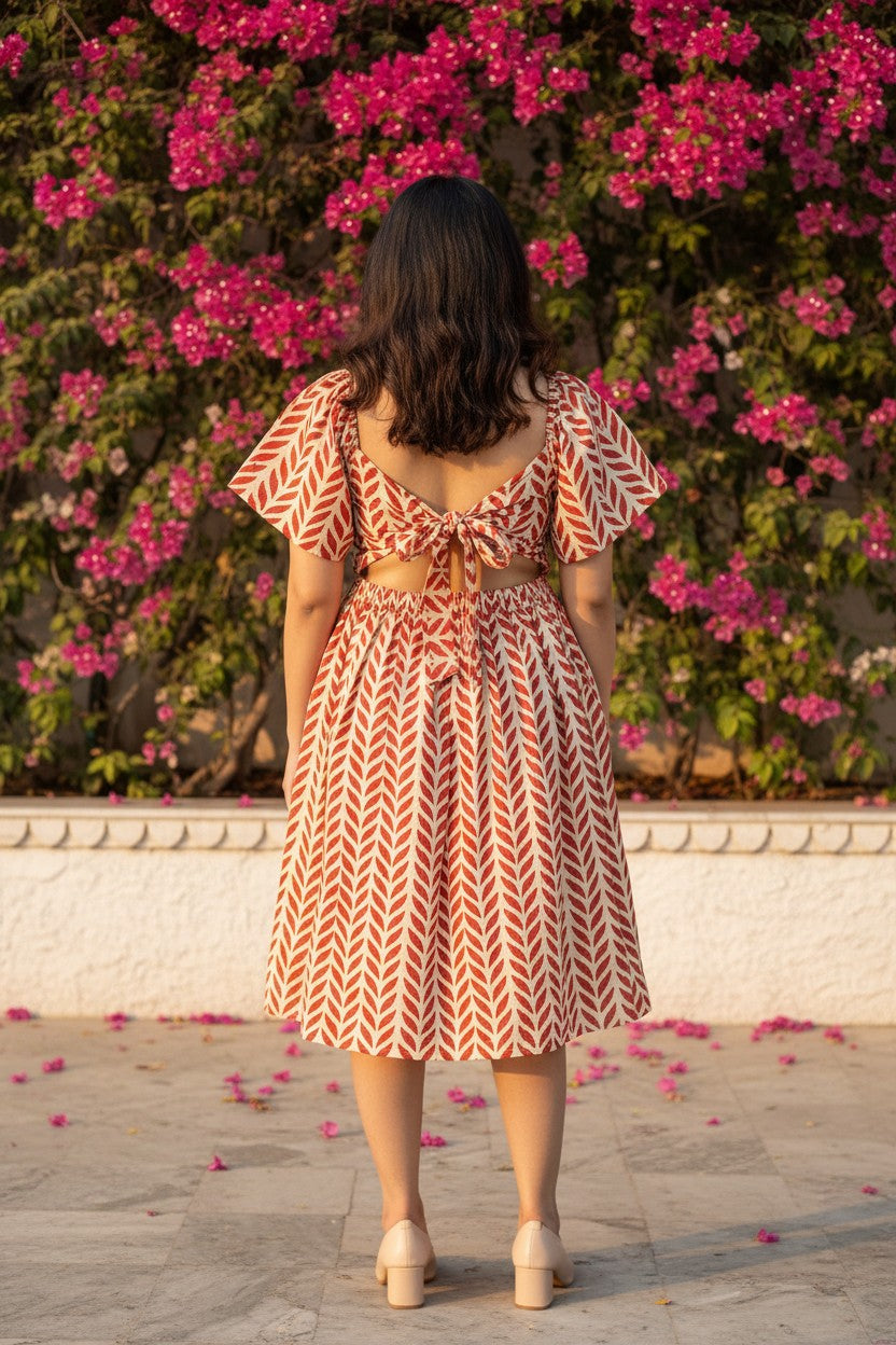 Red Leaf Block Print Puff Sleeve Midi Dress