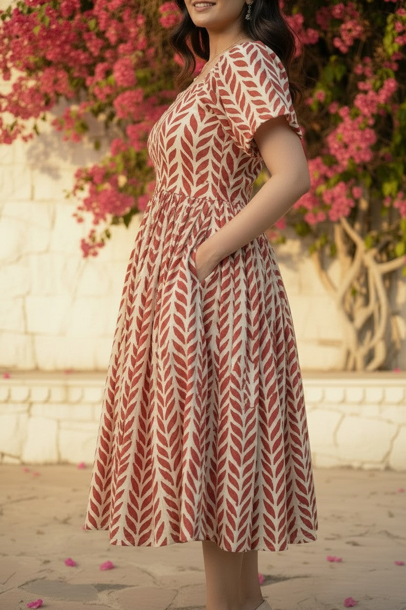 Red Leaf Block Print Puff Sleeve Midi Dress