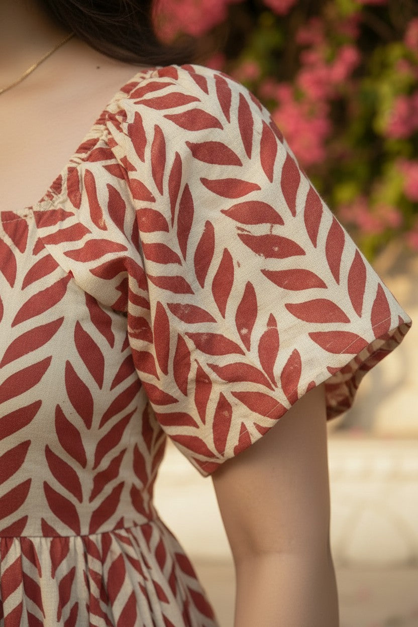 Red Leaf Block Print Puff Sleeve Midi Dress