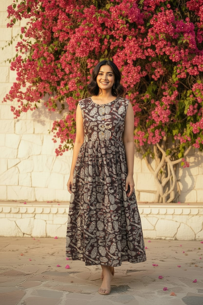 Bagru Brown Kalamkari Maxi Dress