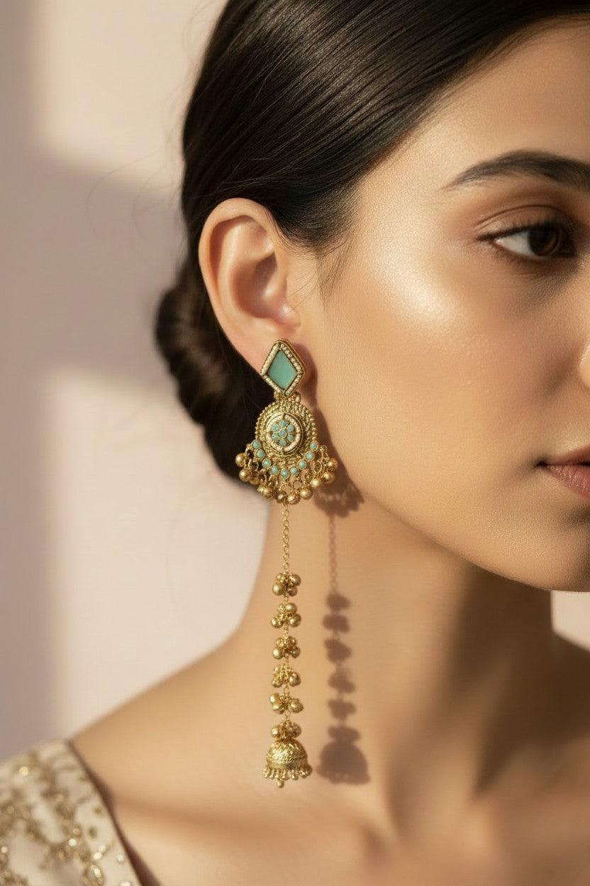 Mint Green Kundan Chandbali Long Drop Earrings