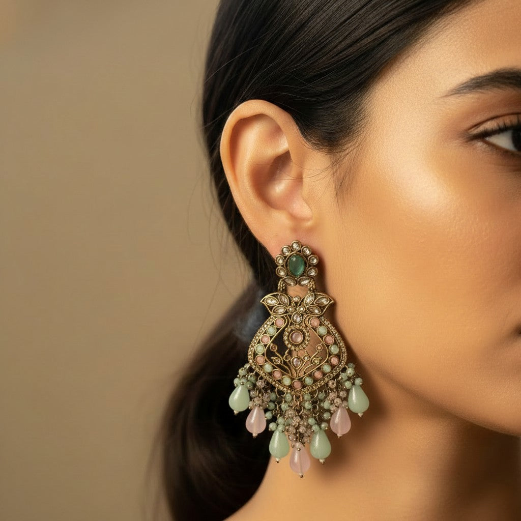 Mint & Blush Polki Chandbali Earrings