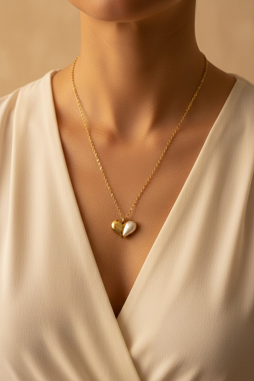 Pearl Accent Puffy Heart Pendant Necklace