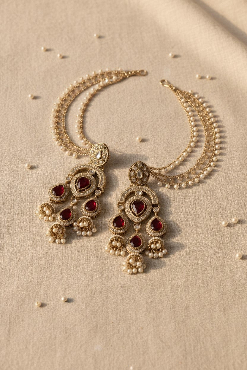 Red Gemstone Pearl Ear Chain Earrings