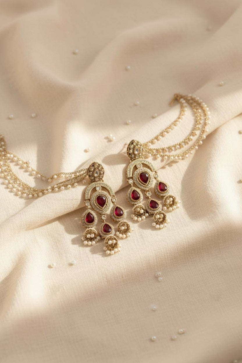 Red Gemstone Pearl Ear Chain Earrings
