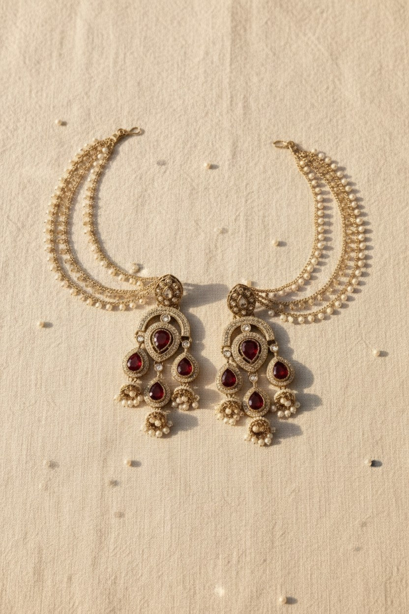 Red Gemstone Pearl Ear Chain Earrings