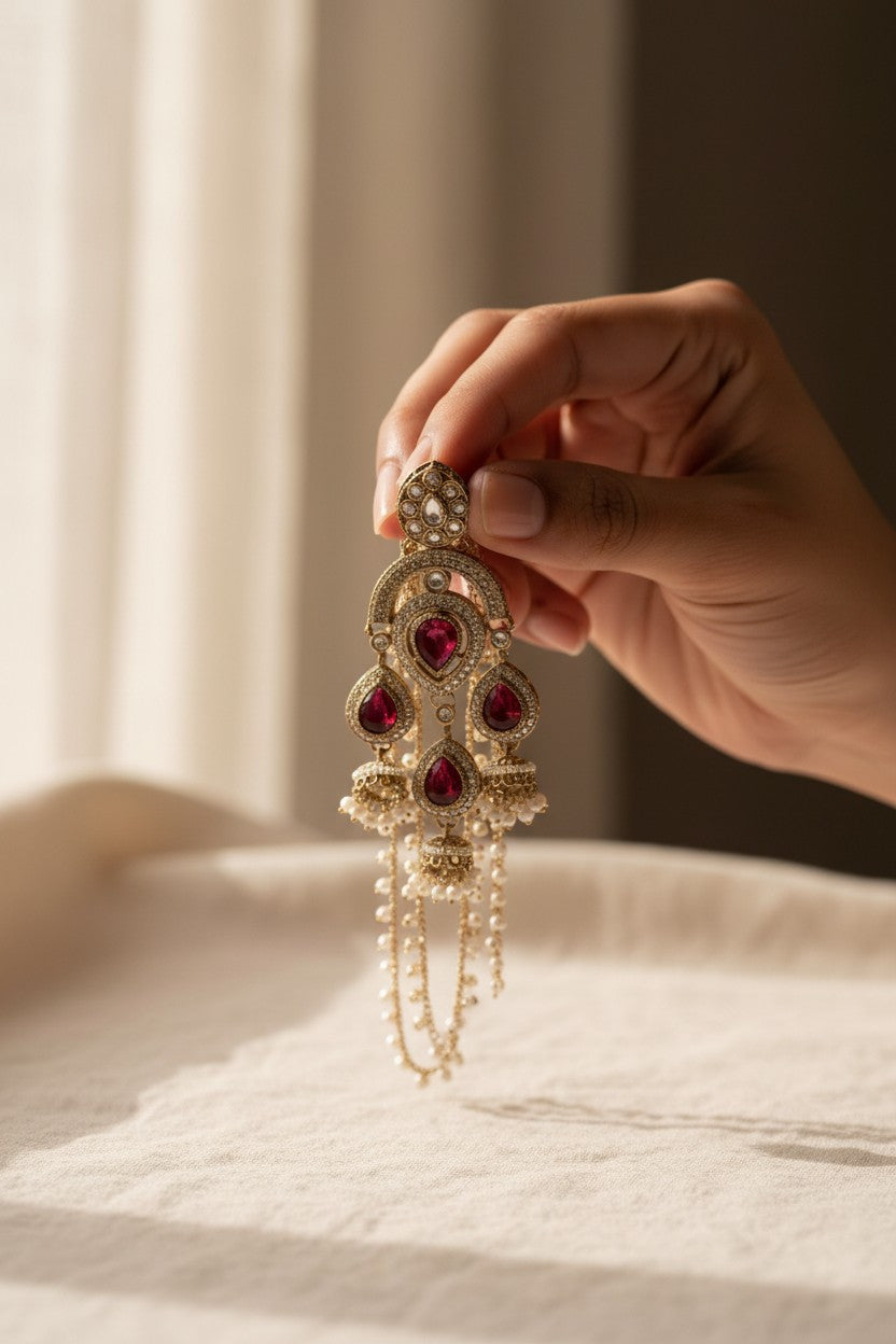 Red Gemstone Pearl Ear Chain Earrings
