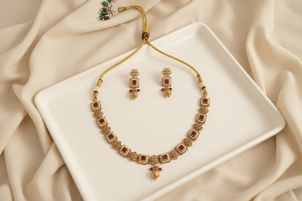 Royal Ruby Square Necklace Set