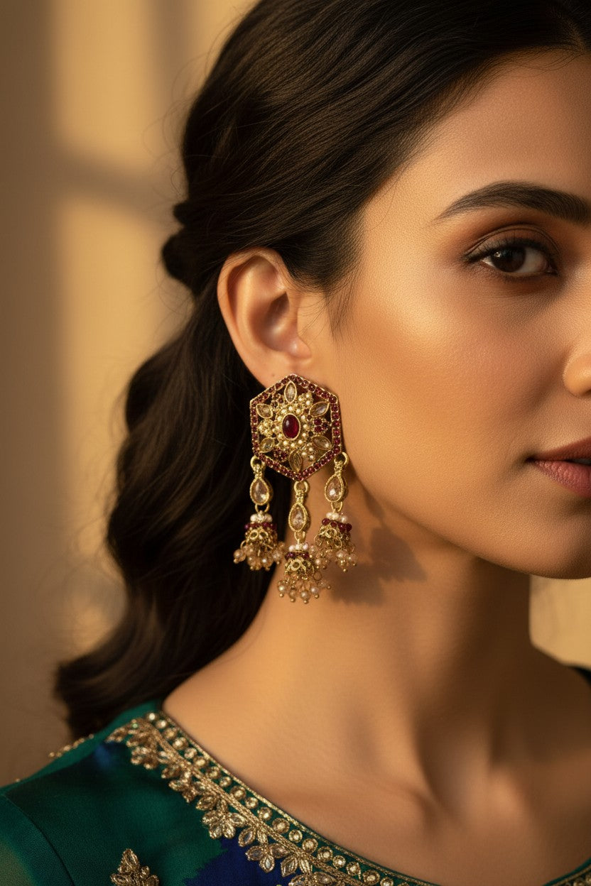 Ruby & Polki Hexagon Earrings