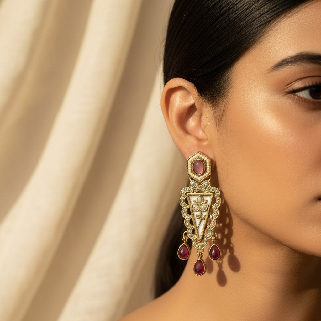 Ruby Polki Triangle Drop Earrings
