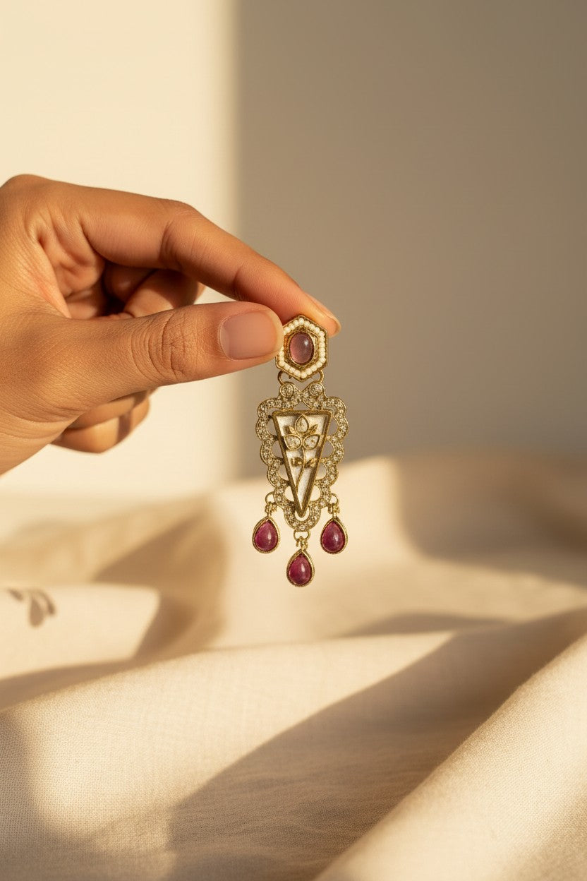 Ruby Polki Triangle Drop Earrings