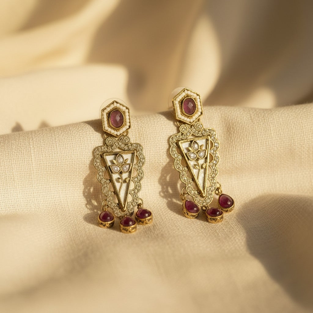 Ruby Polki Triangle Drop Earrings