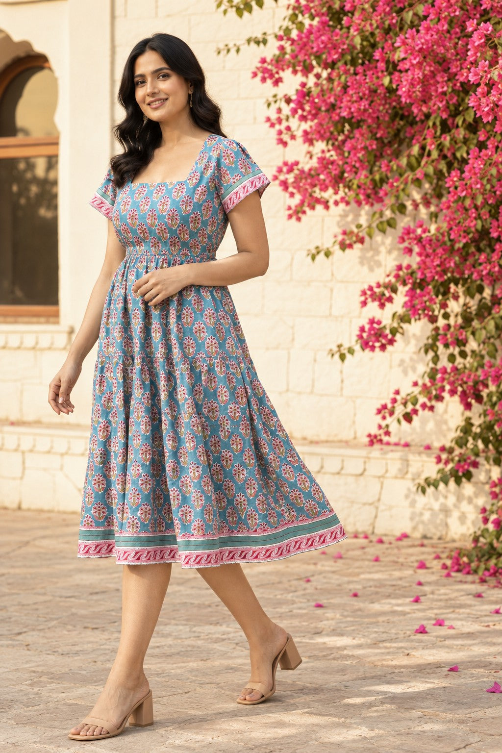 Gulbahar Teal Floral Midi Dress