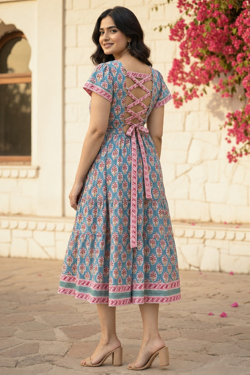 Gulbahar Teal Floral Midi Dress