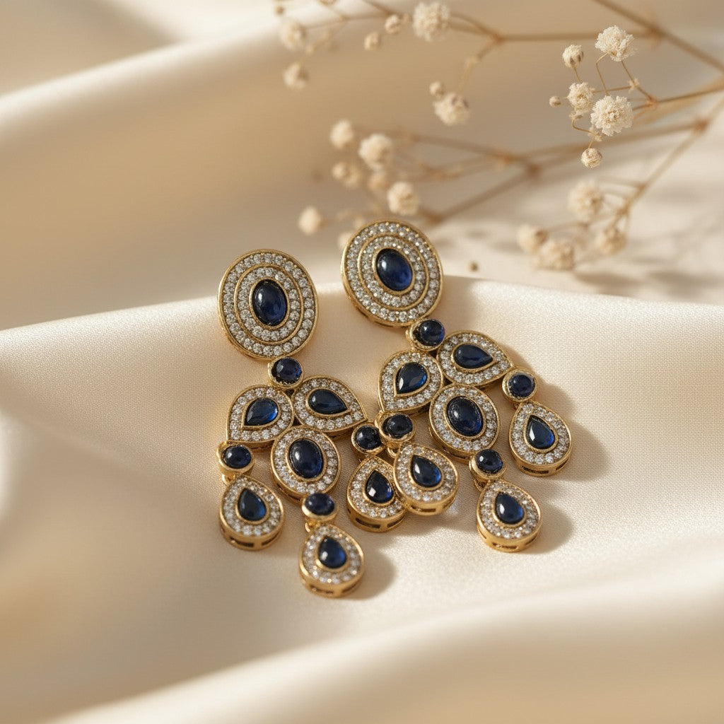 Sapphire Blue Cabochon Chandelier Earrings