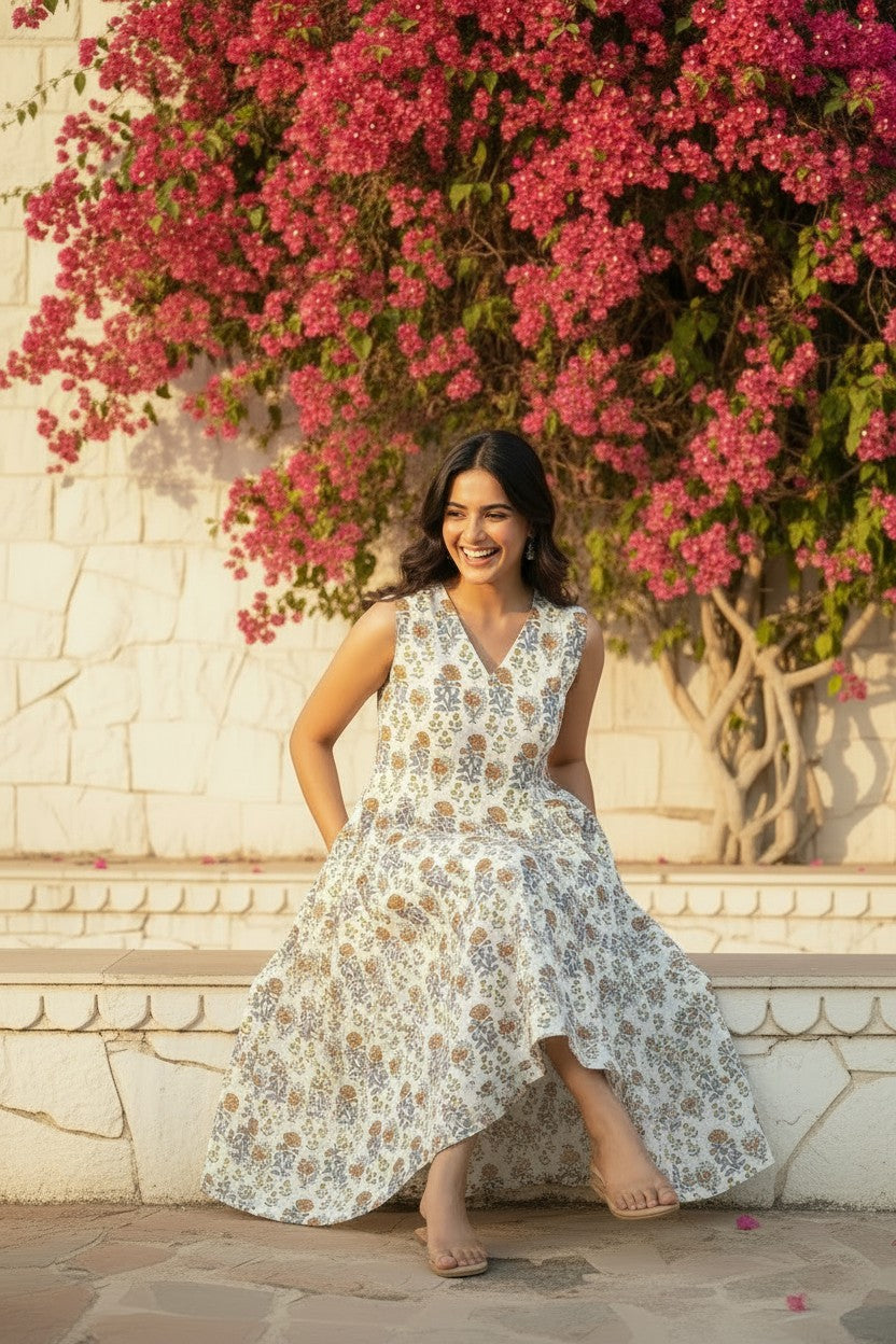 Ivory Marigold Block Print Maxi Dress