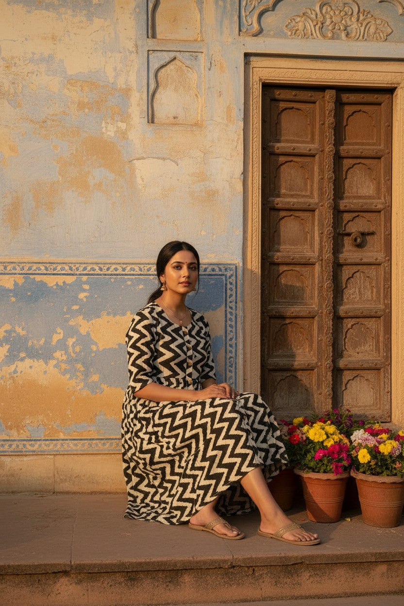 Zigzag Block Print Midi Dress