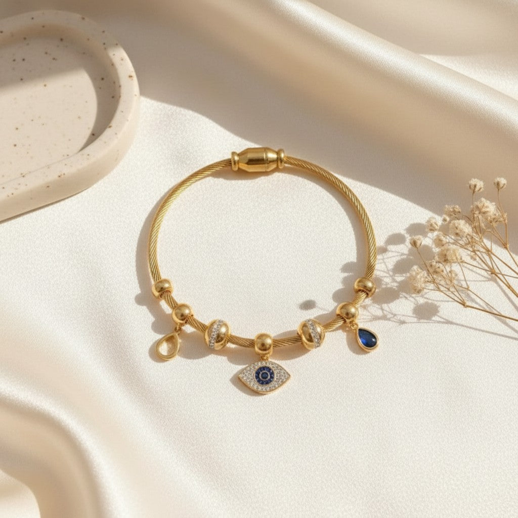 Evil Eye Charm Gold Bangle Bracelet