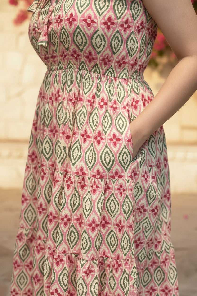 Floral Ogee Smocked Waist Tiered Midi Dress