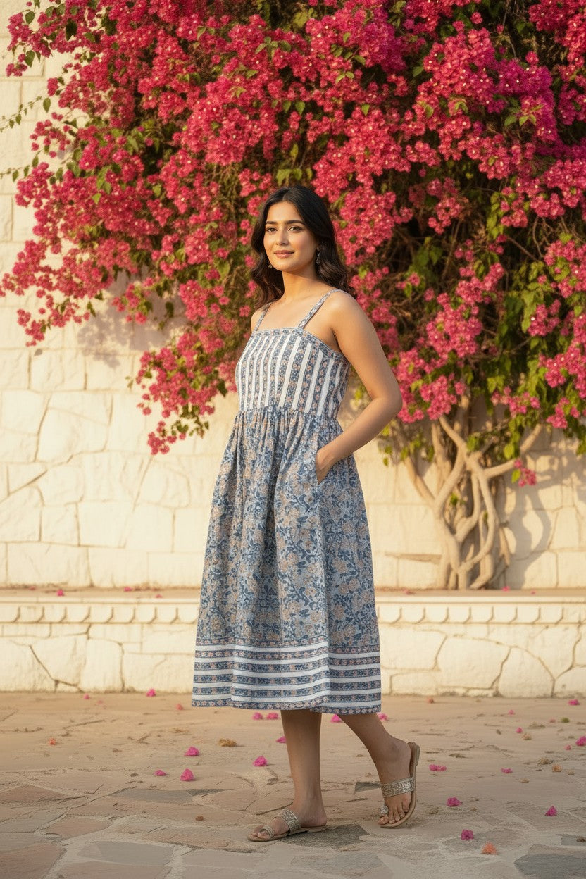 Blue Floral Block-Print Smocked Midi Sundress