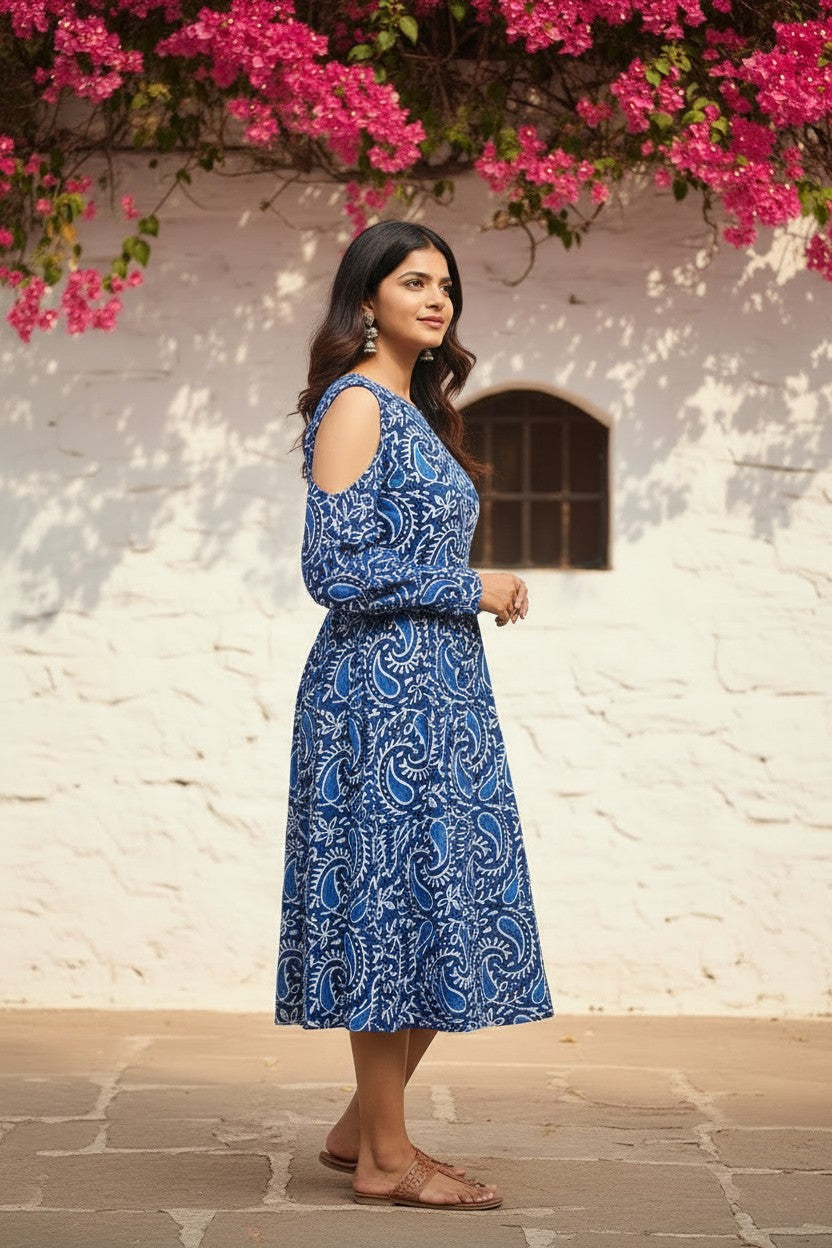 Indigo Paisley Cold-Shoulder Midi Dress