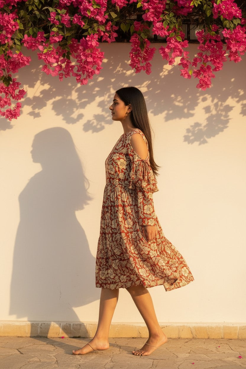 Bagru Bloom Cold-Shoulder Midi Dress