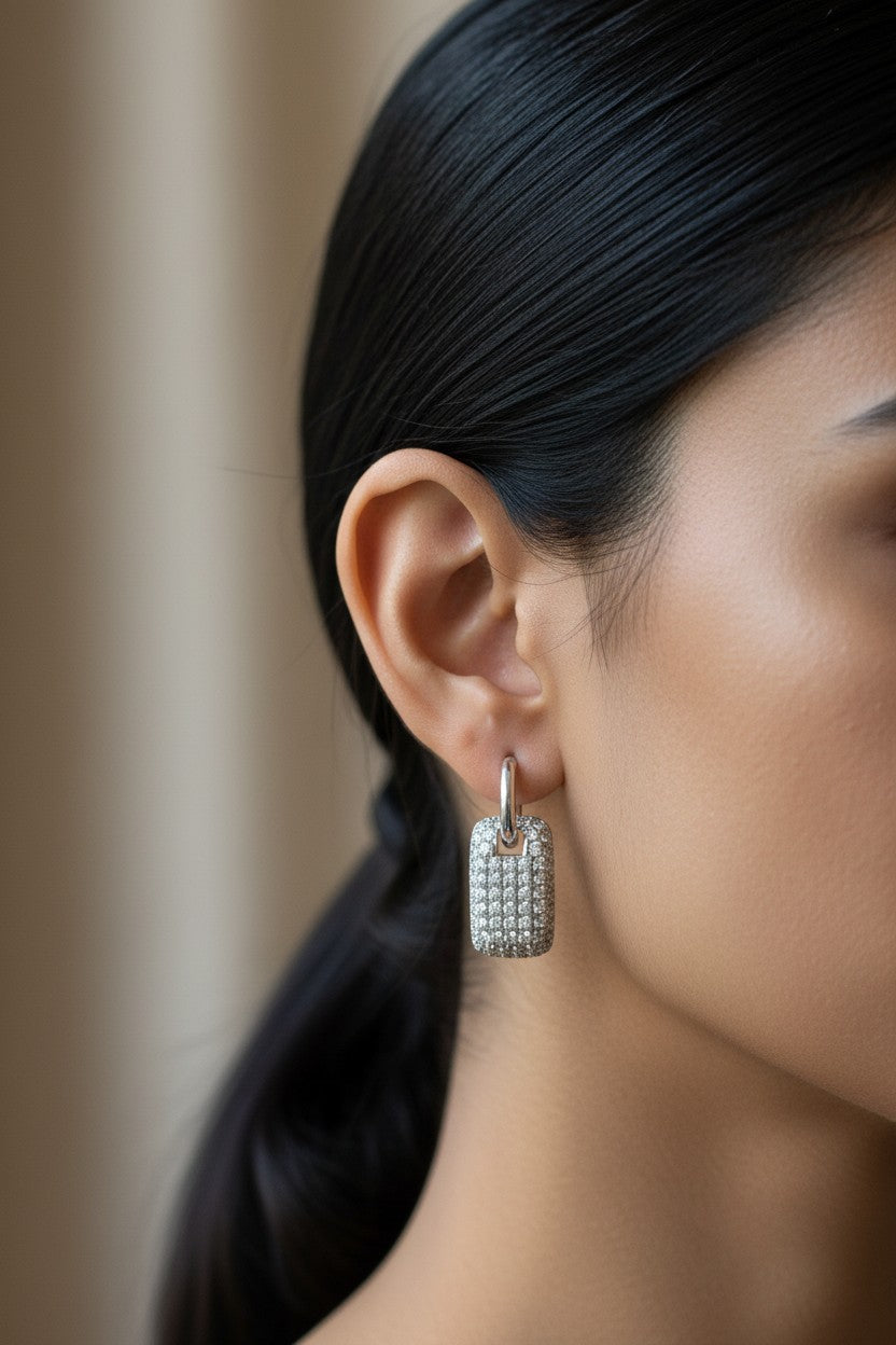 Icy Pave Rectangle Huggie Earrings