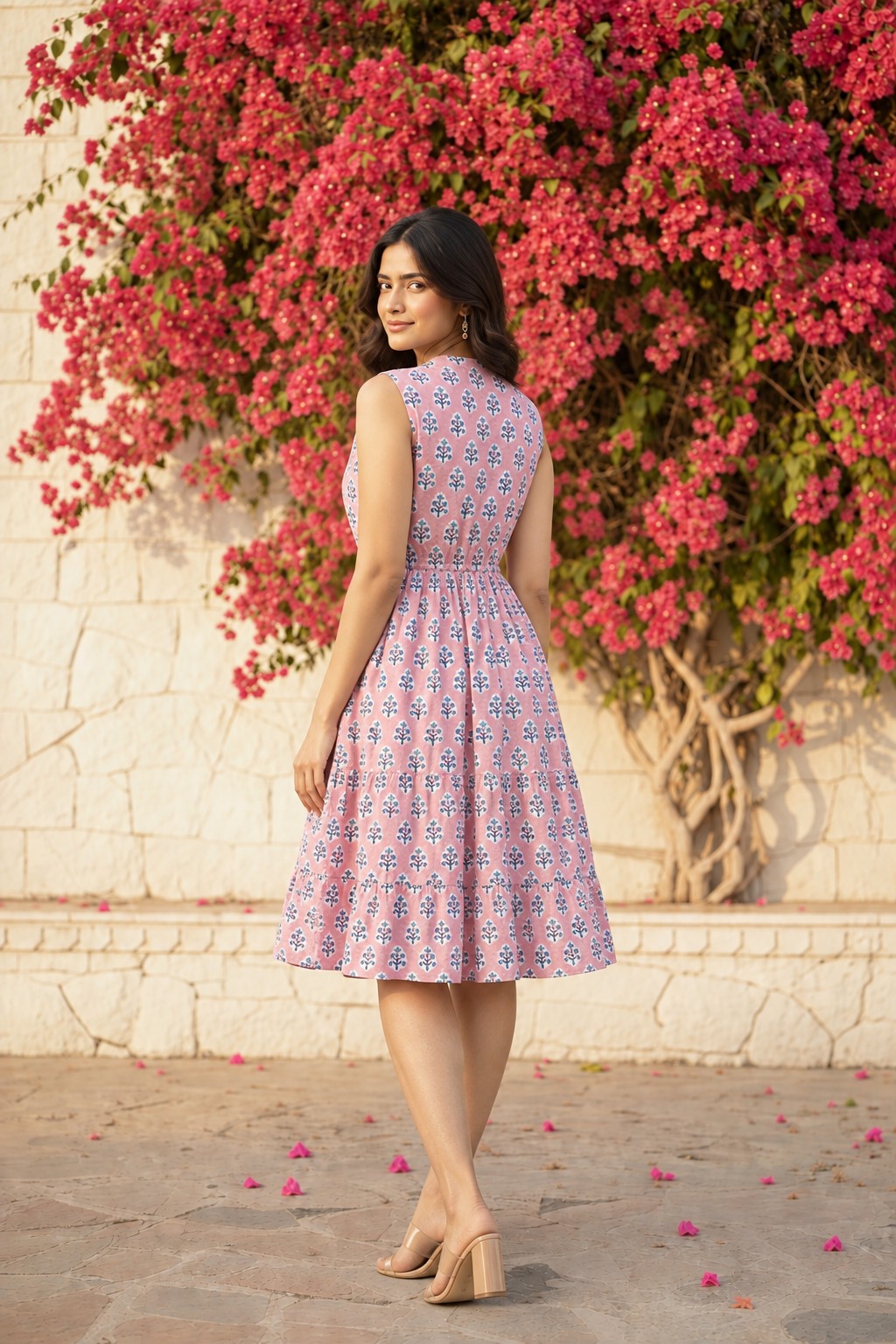 Pink Sanganeri Block Print Tiered Midi Dress