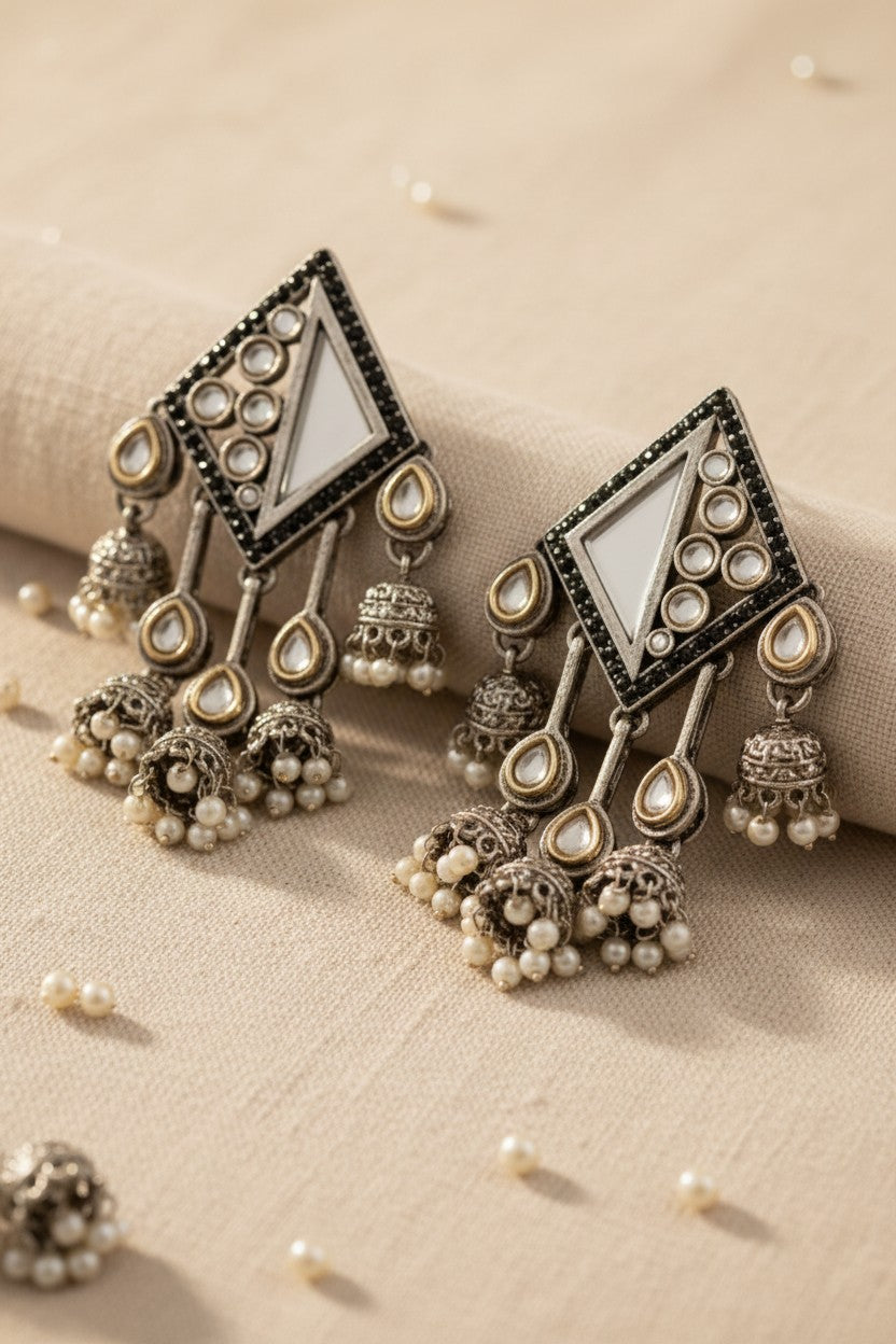 Oxidized Silver Mirror Chandelier Jhumka Earrings