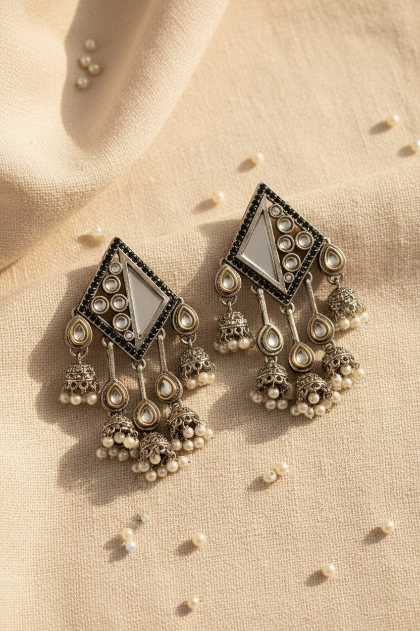 Oxidized Silver Mirror Chandelier Jhumka Earrings