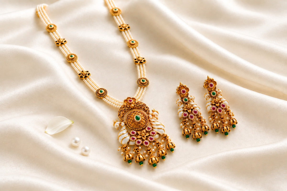 Royal Pearl Beaded Gold Necklace Set