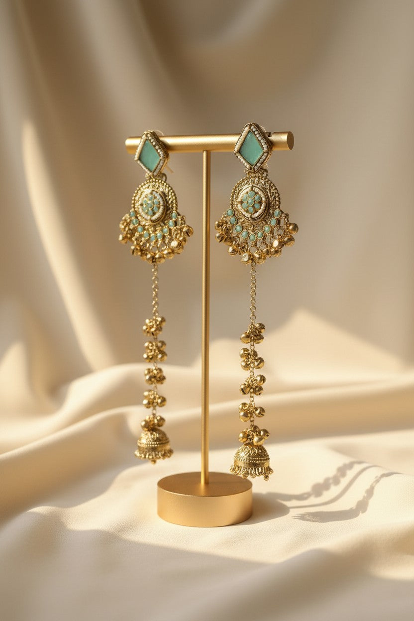 Mint Green Kundan Chandbali Long Drop Earrings