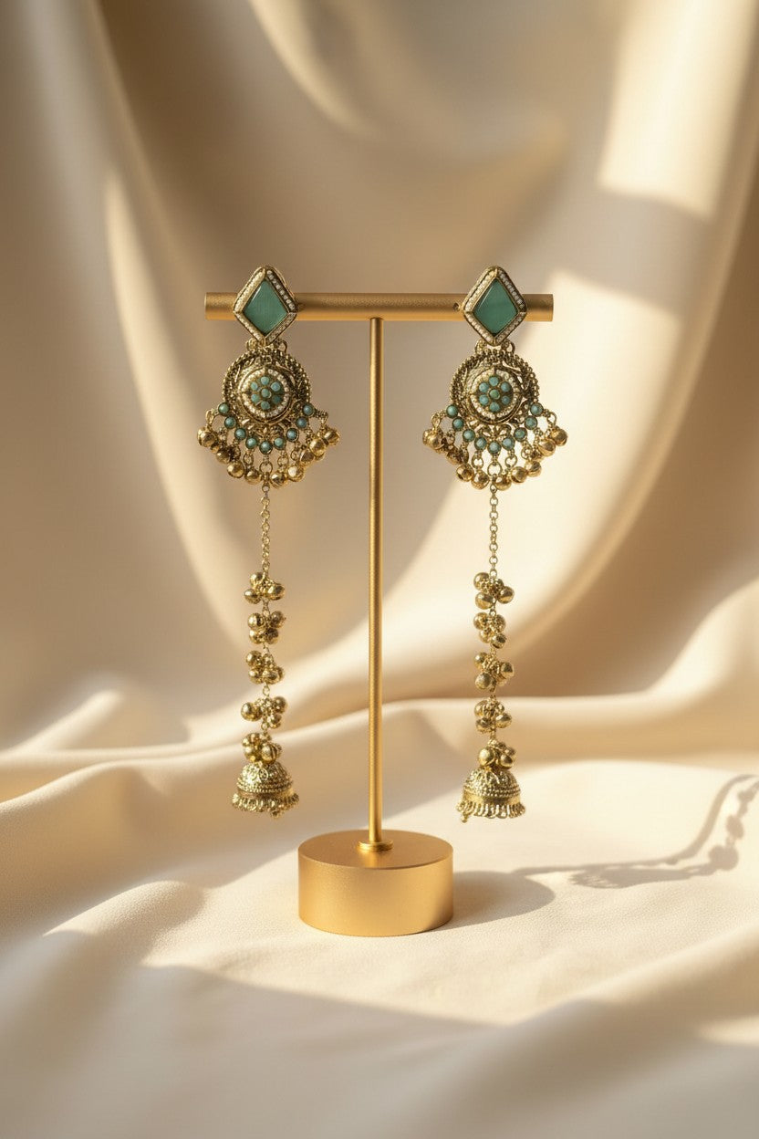 Mint Green Kundan Chandbali Long Drop Earrings