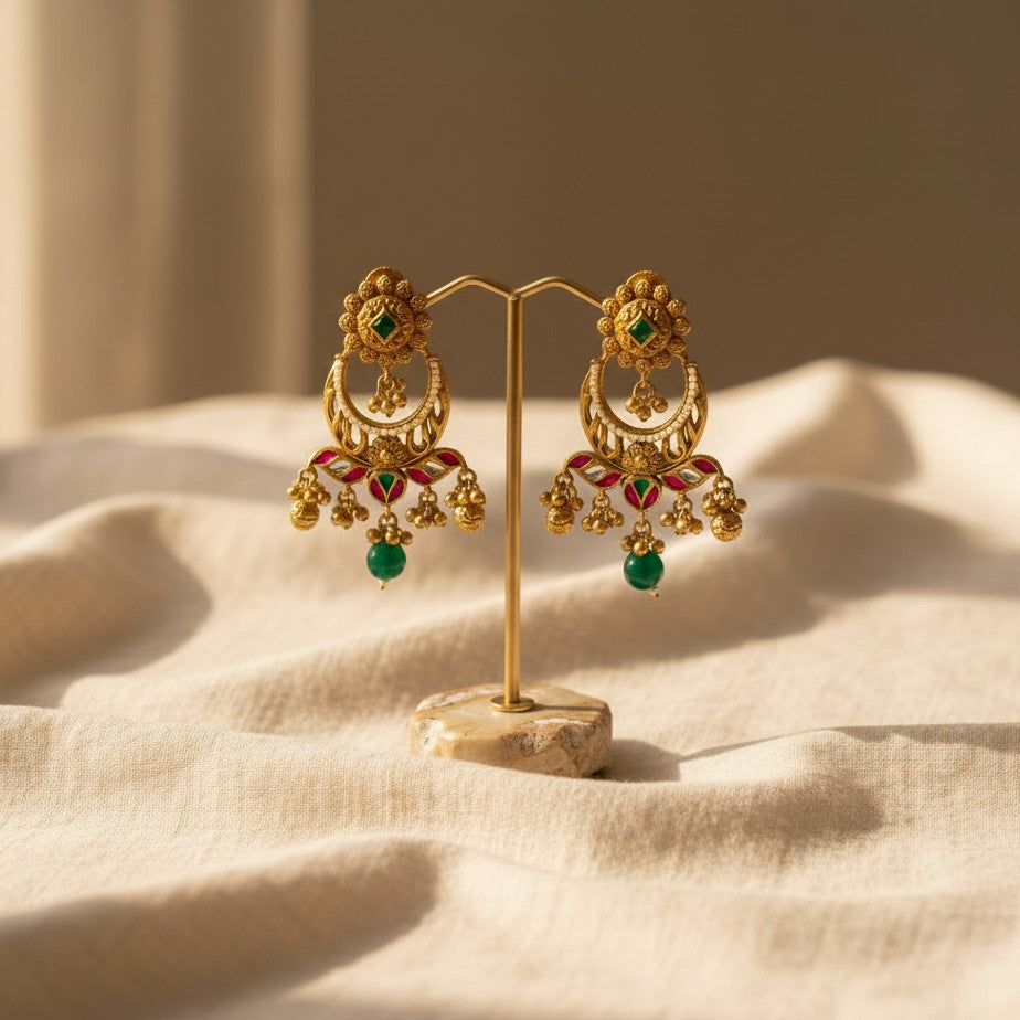 Gold Peacock Chandbali Meenakari Earrings