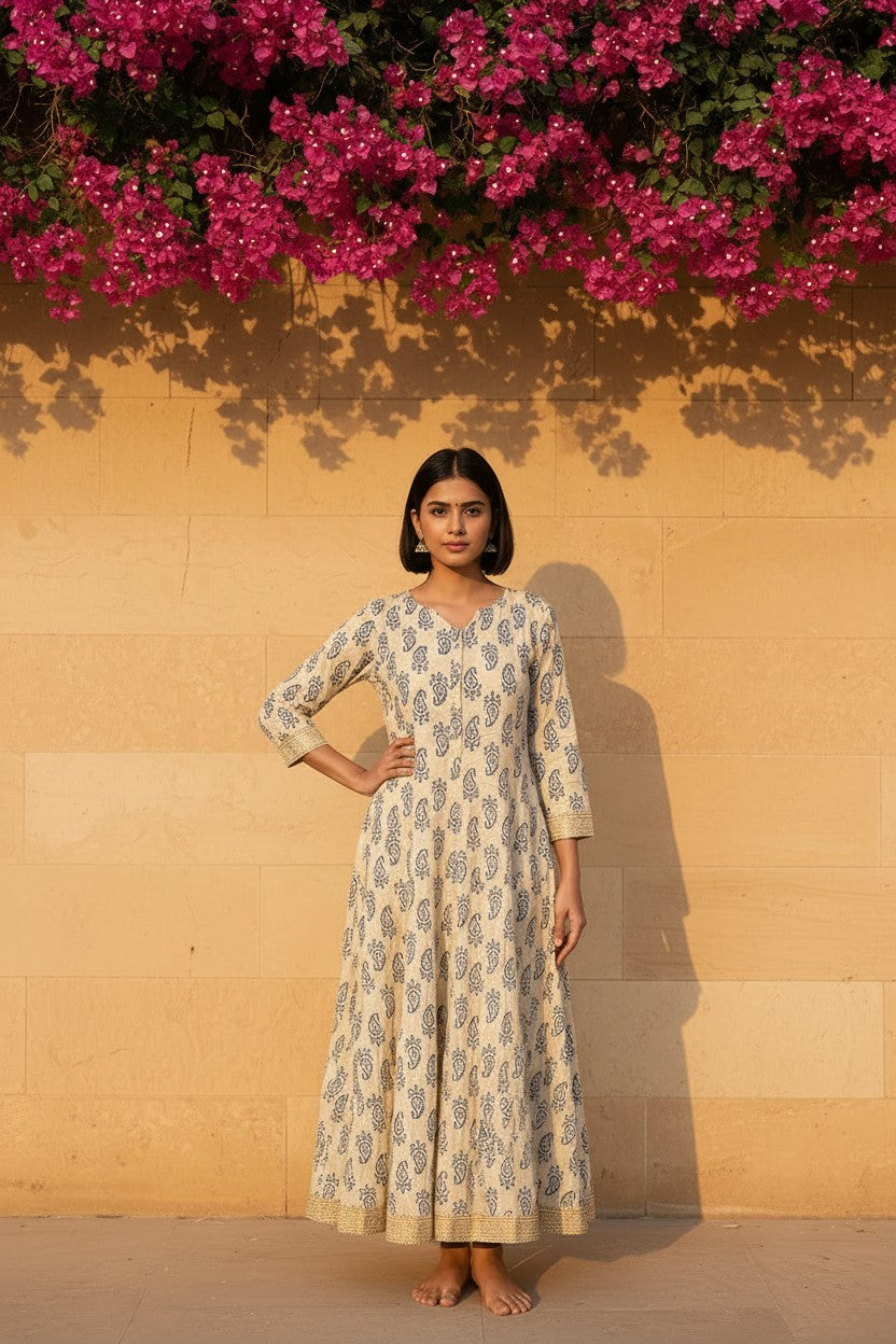 Ivory Sanganer Paisley Anarkali Maxi Dress