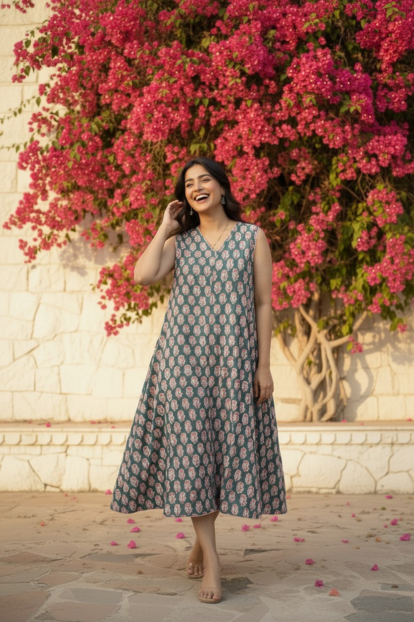 Teal Floral Buti Block Print Midi Dress