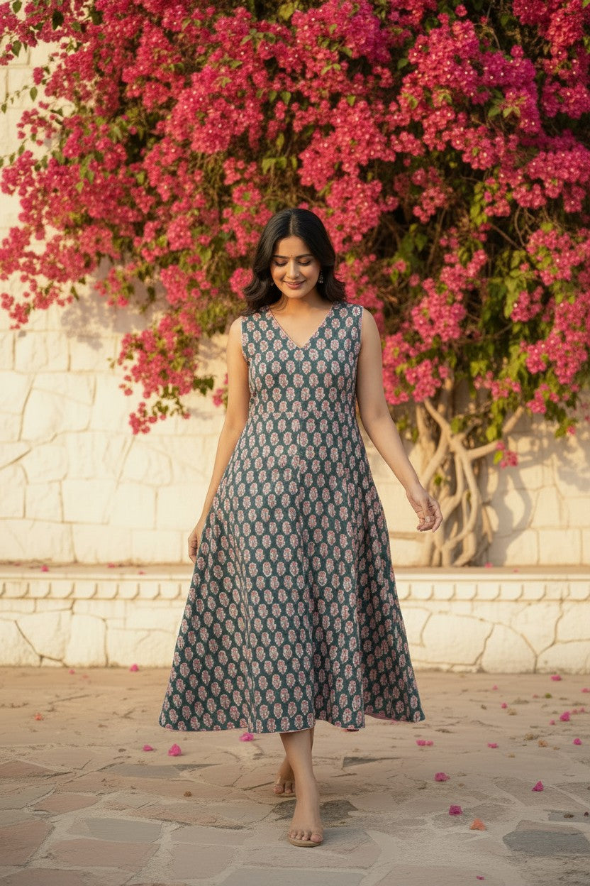 Teal Floral Buti Block Print Midi Dress