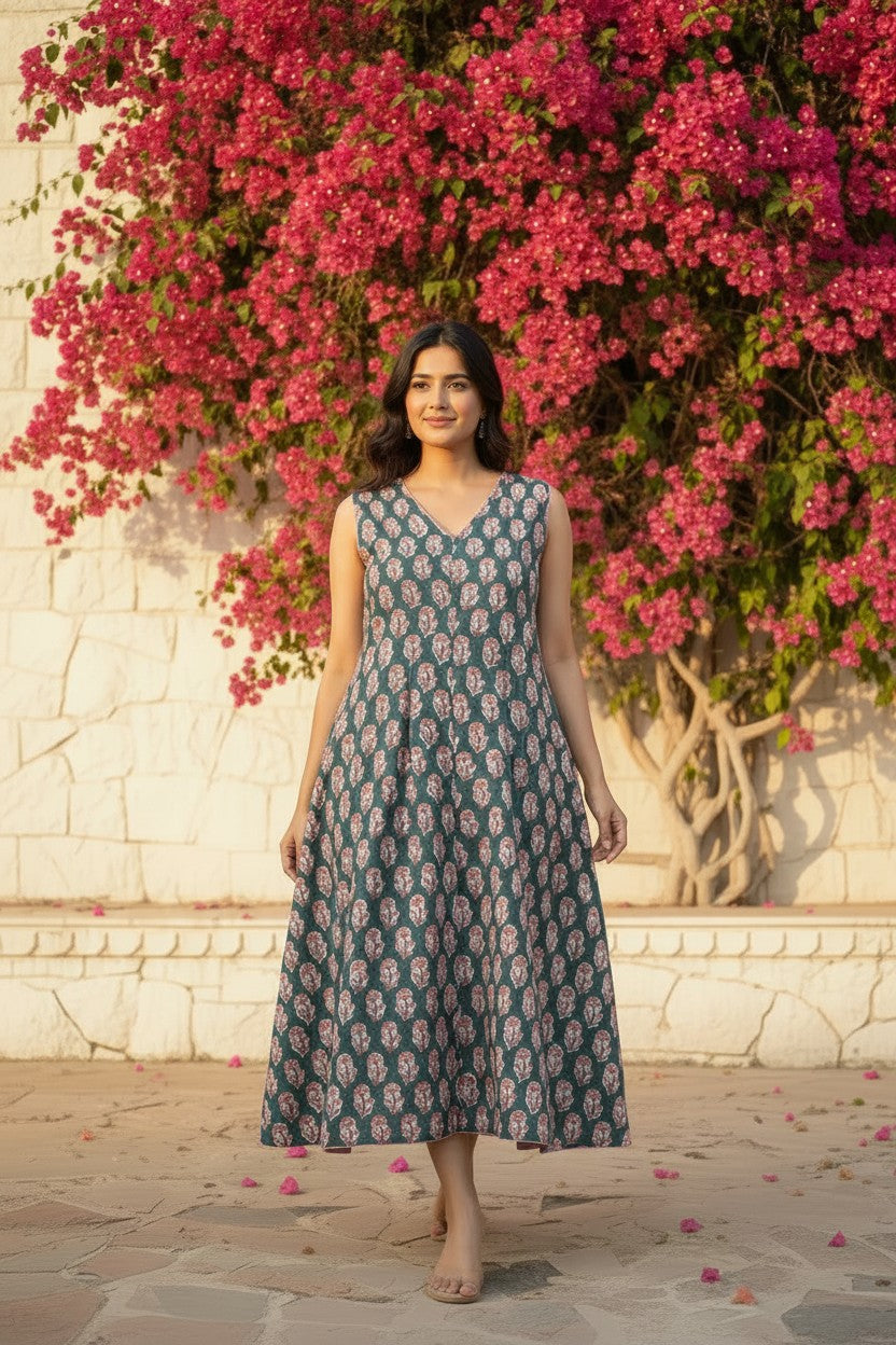 Teal Floral Buti Block Print Midi Dress