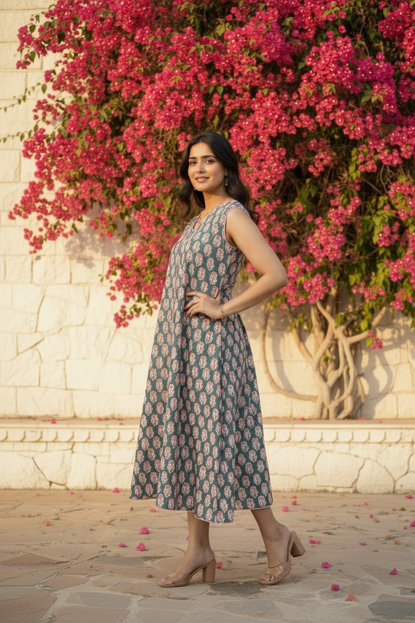 Teal Floral Buti Block Print Midi Dress