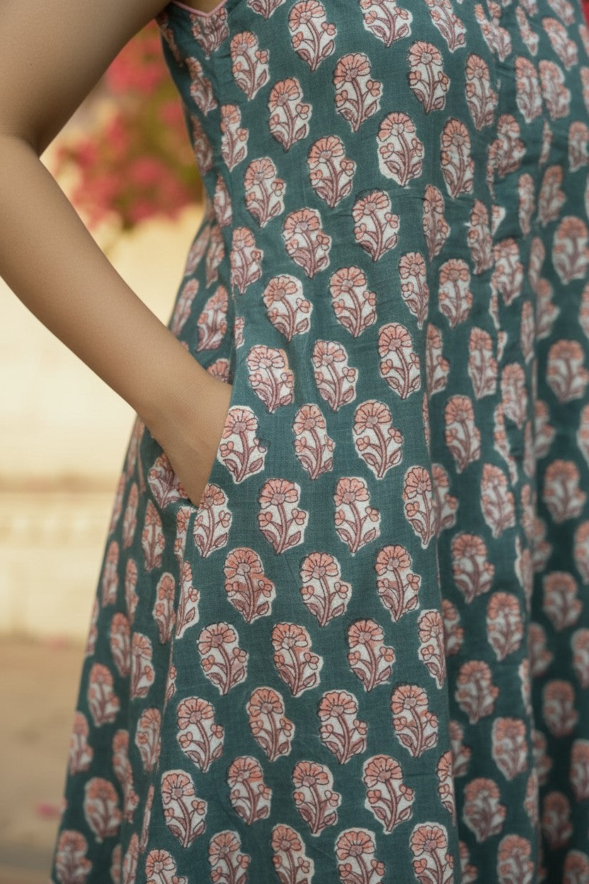 Teal Floral Buti Block Print Midi Dress