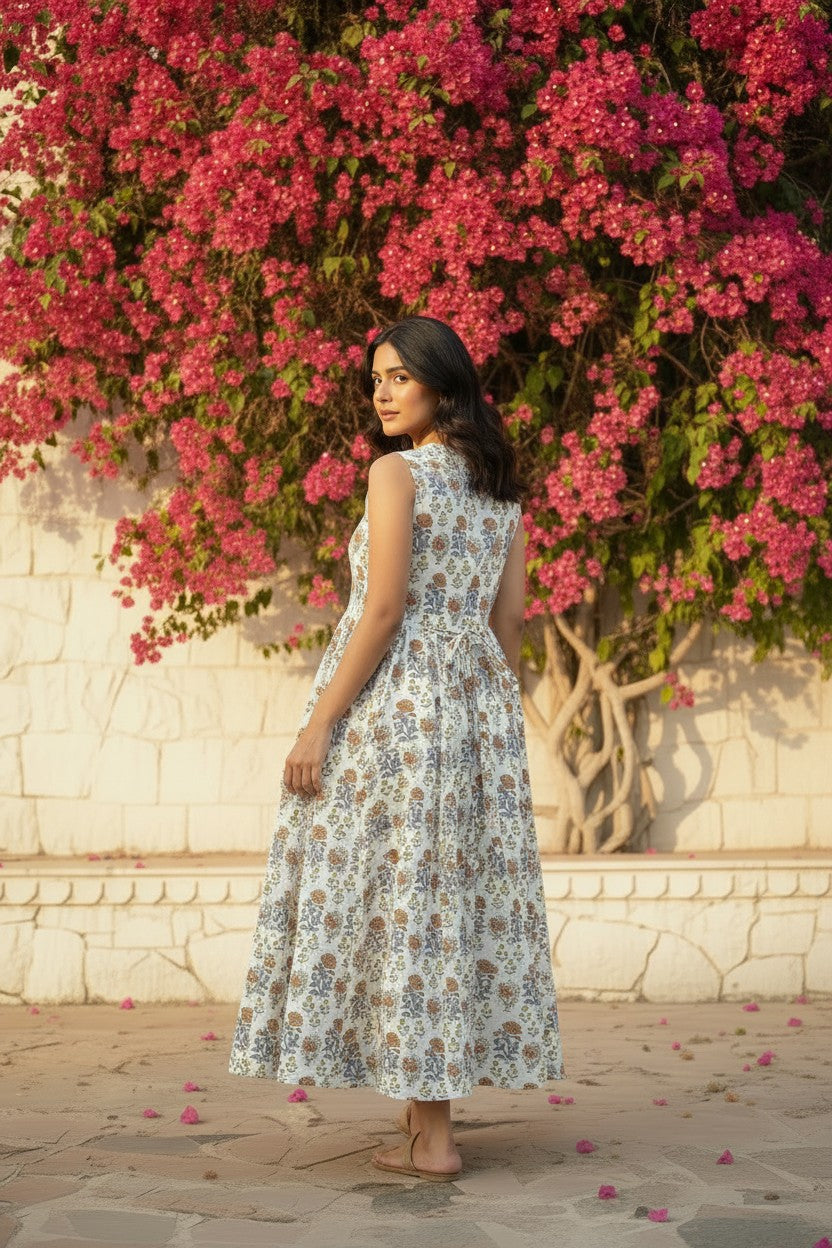 Ivory Marigold Block Print Maxi Dress