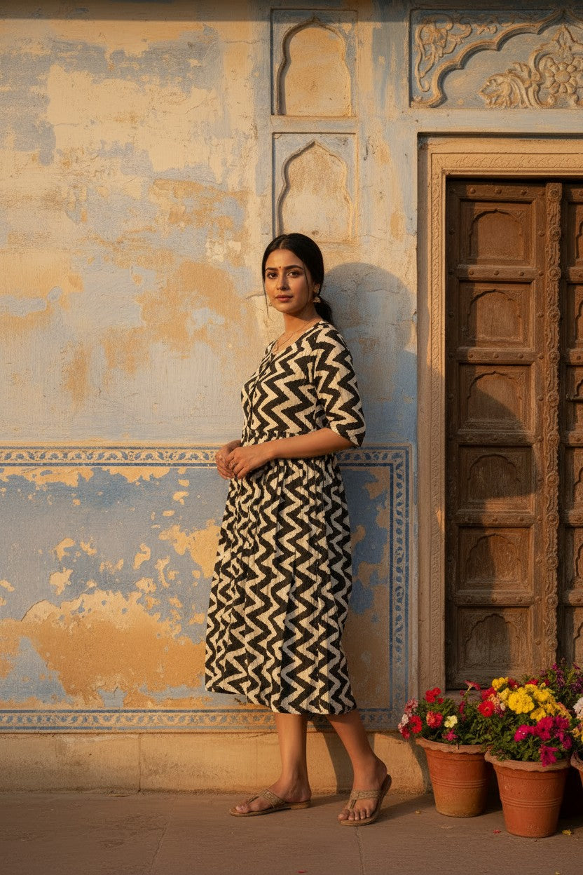 Zigzag Block Print Midi Dress