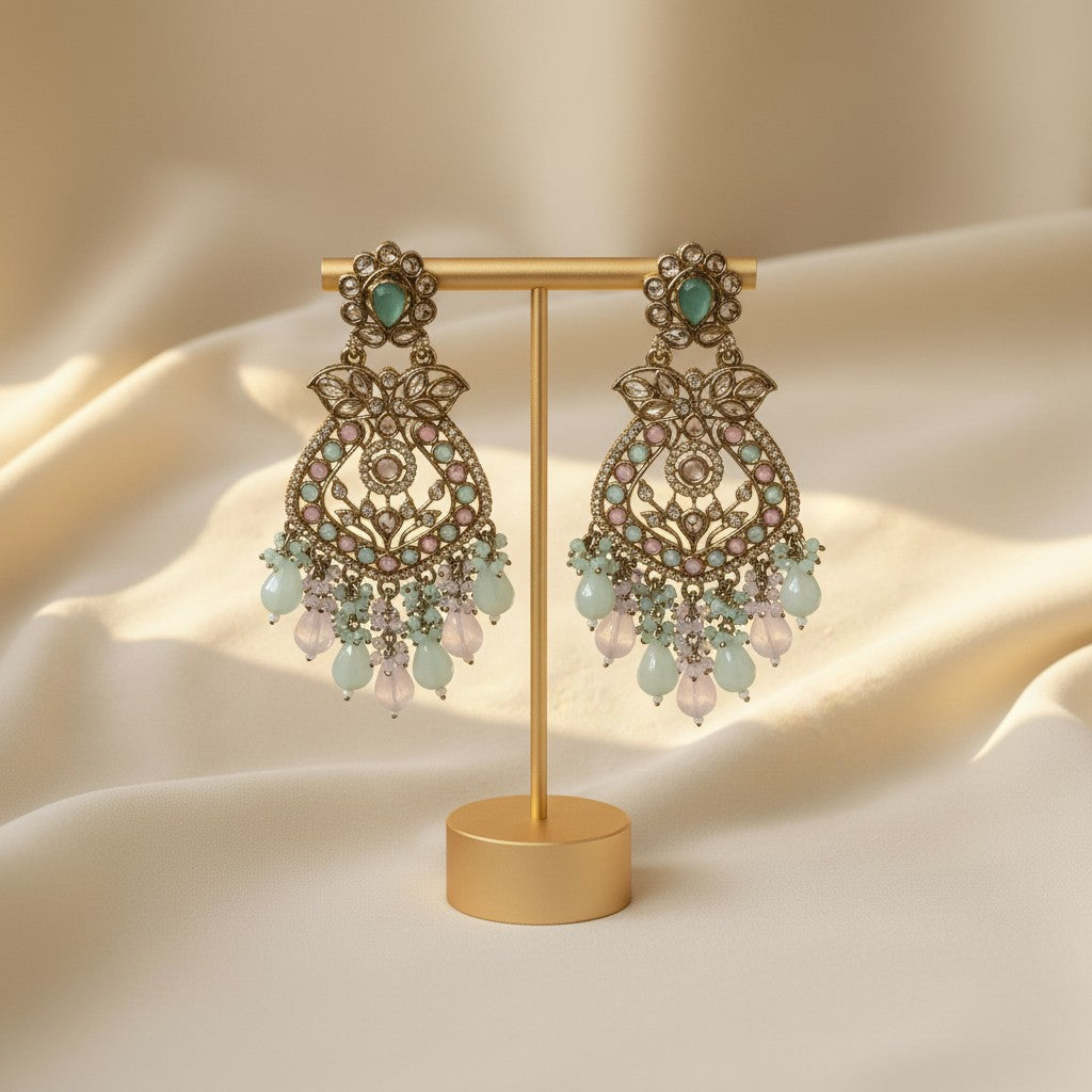 Mint & Blush Polki Chandbali Earrings