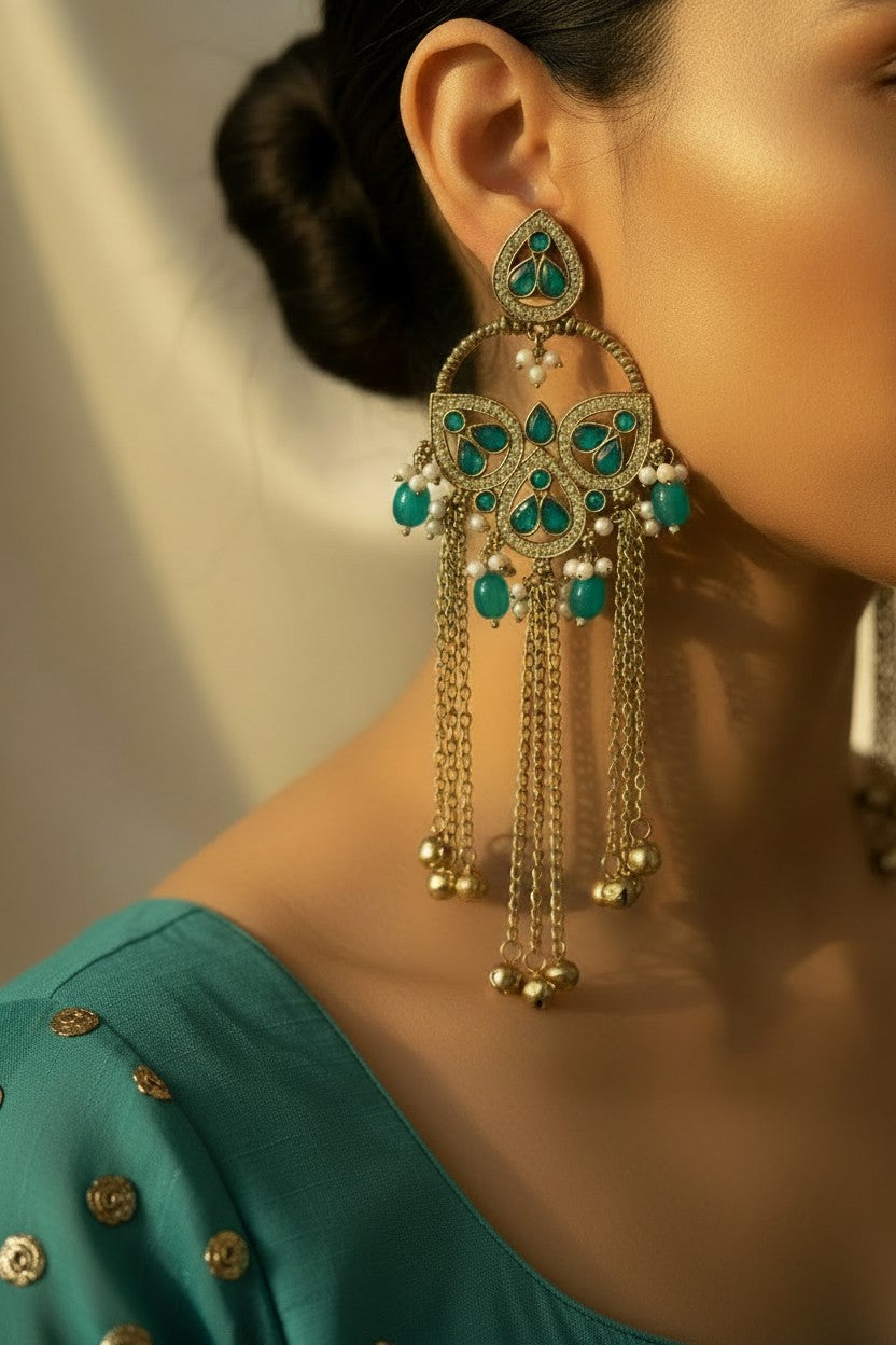 Turquoise Meenakari Chandelier Earrings
