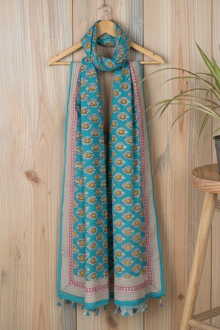 Sky Blue Paisley Block Print Stole