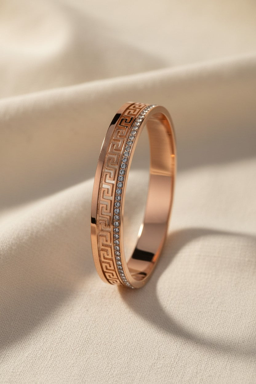 Rose Gold Greek Key Crystal Bangle